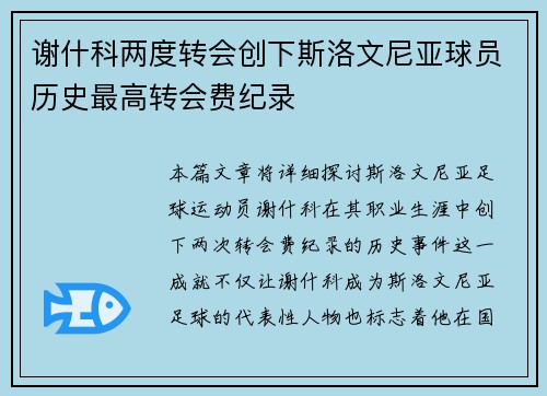 谢什科两度转会创下斯洛文尼亚球员历史最高转会费纪录 谢什科两度转会创下斯洛文尼亚球员历史最高转会费纪录