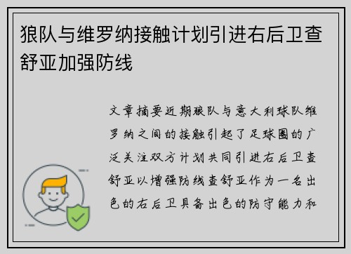 狼队与维罗纳接触计划引进右后卫查舒亚加强防线